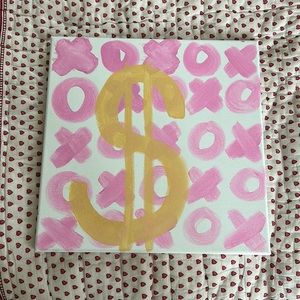gold and pink dollar sign, xoxo painting